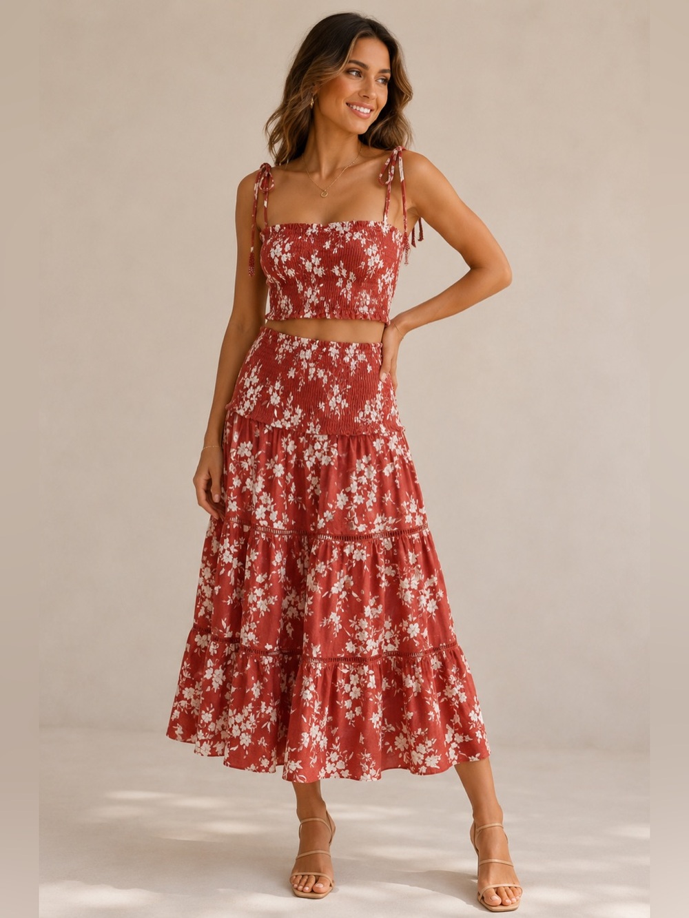 HOUSE OF HARLOW Smocked Floral Tiered Maxi Skirt Set